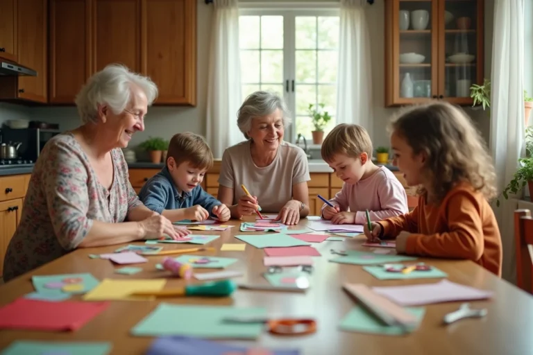 Famille multigénérationnelle réunie autour d'une table en bois pour une activité créative de bricolage à la maison