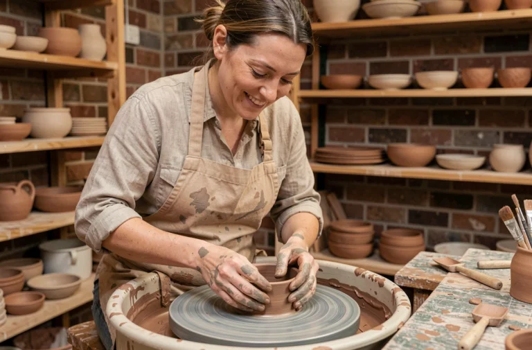 Femme en train de façonner un bol en céramique sur un tour de poterie dans un atelier artisanal