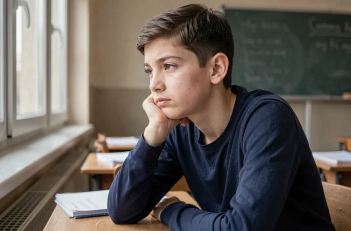 Adolescent assis en classe avec une expression pensive, visage asymétrique naturel illustrant les préoccupations liées à l'apparence physique chez le jeune garçon