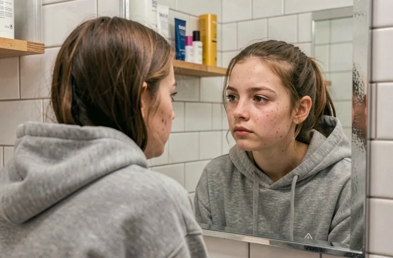 Adolescente devant un miroir de salle de bain observant son visage avec une expression pensive, illustrant la préoccupation pour l'apparence à l'adolescence