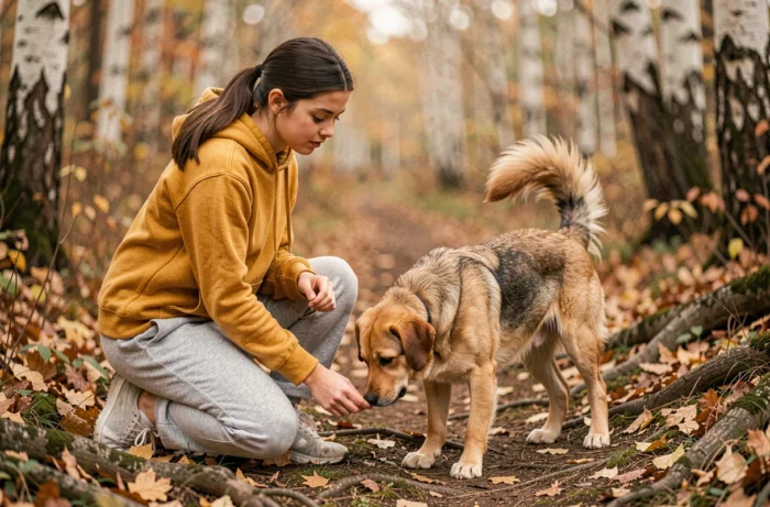 Adolescente observant le langage corporel de son chien métis sur un sentier forestier en automne pour mieux comprendre sa communication