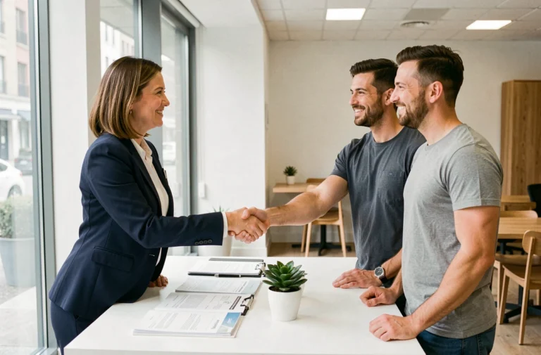 Agent immobilier professionnelle serrant la main d'un couple lors de la signature d'un contrat de location dans une agence moderne
