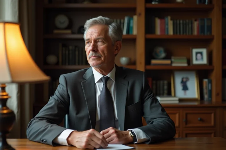 Alain Bauer assis à son bureau privé, entouré de livres, adoptant une posture réservée pour protéger son espace personnel des médias