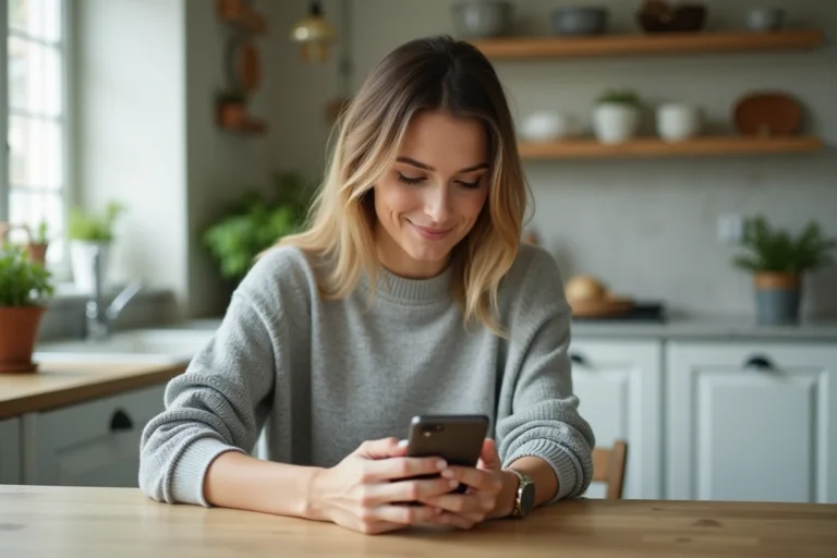 Femme consultant une alerte SMS Crédit Agricole sur son smartphone dans une cuisine moderne