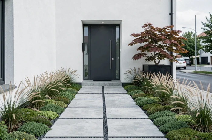 Allée moderne en dalles béton géométriques menant à une entrée minimaliste anthracite avec graminées ornementales