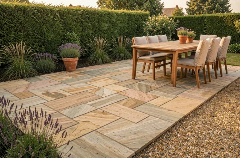 Terrasse aménagée avec des dalles en pierre naturelle en motif bâton-rompu, entourée de plantes ornementales et mobilier en teck