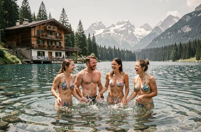 Groupe d'amis adultes se baignant dans un lac alpin transparent avec chalet en arrière-plan