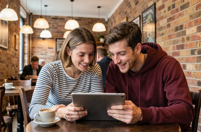 Deux amis français découvrant ensemble une nouvelle plateforme de streaming sur une tablette dans un café parisien