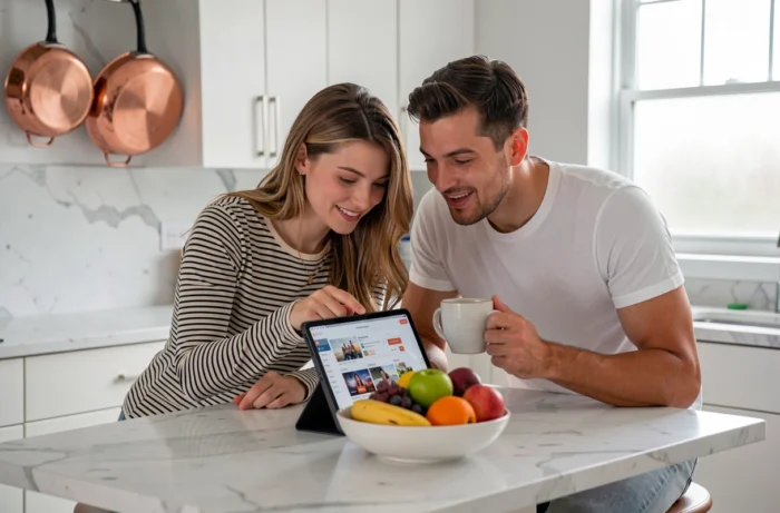 Deux amis découvrant ensemble une nouvelle plateforme de streaming sur une tablette dans une cuisine moderne