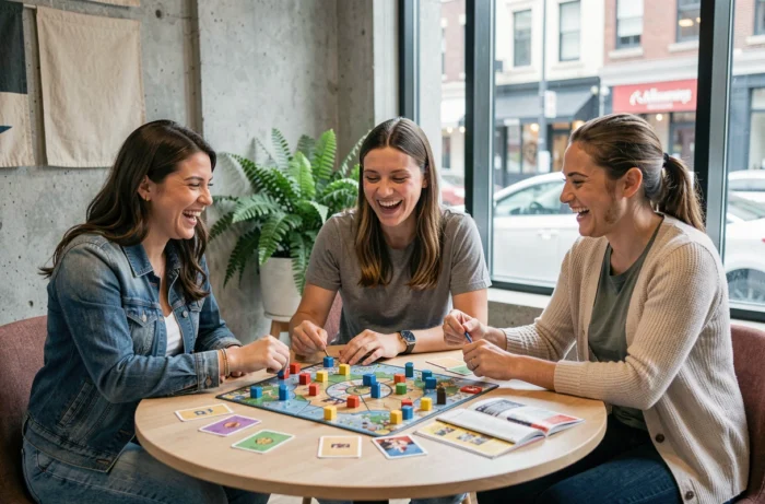 Groupe d'amis jouant à un jeu de société autour d'une table dans un espace communautaire moderne, tendance loisirs collectifs