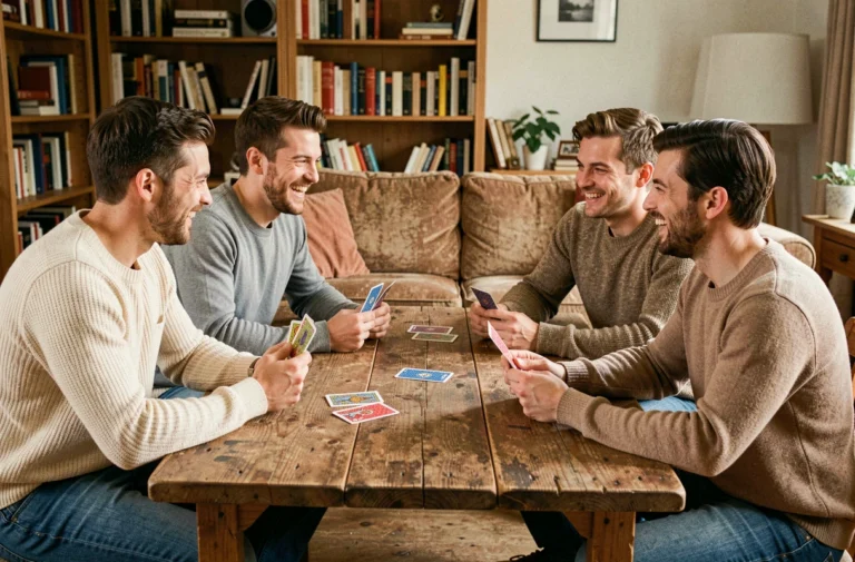 Groupe d'amis jouant au jeu de cartes Kems autour d'une table en bois dans un salon chaleureux