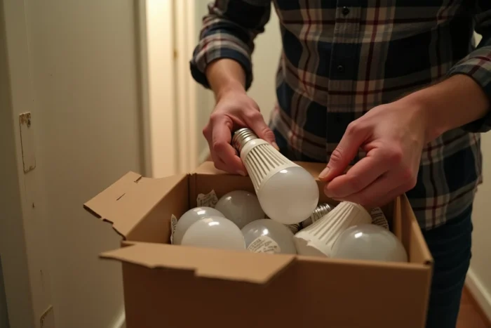 Gros plan sur des mains tenant une ampoule LED avant un déménagement en location