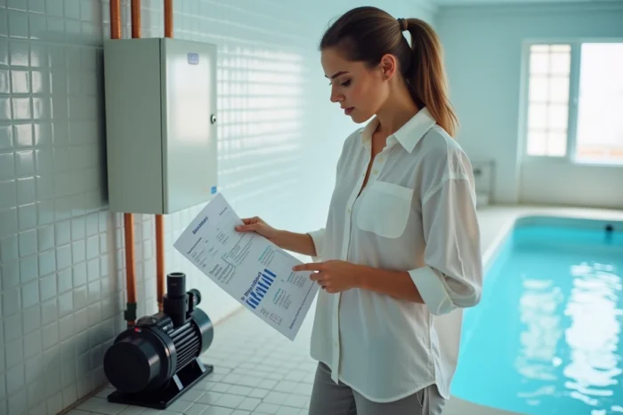 Femme analysant le bilan de consommation énergétique d'une pompe à sable dans une salle technique de piscine