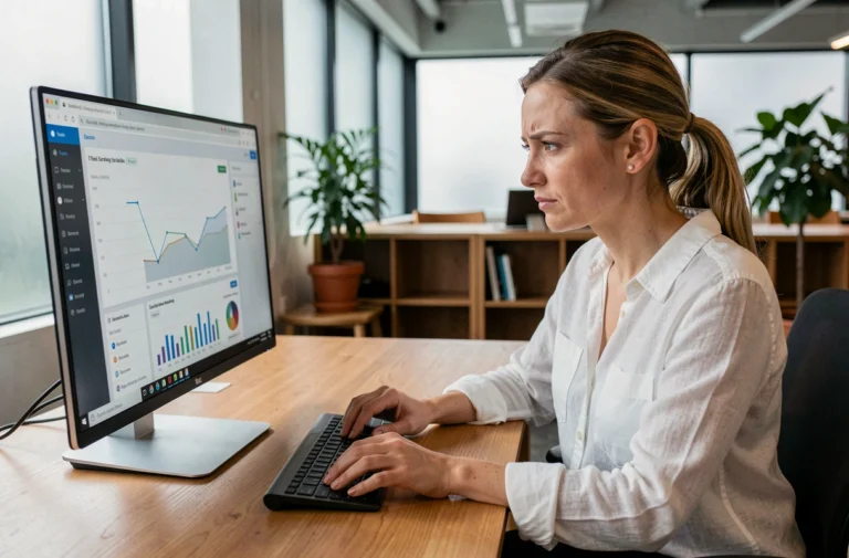 Femme analyste web examinant un tableau de bord SEO sur un grand écran dans un bureau moderne, illustrant l'optimisation du référencement naturel en 2024