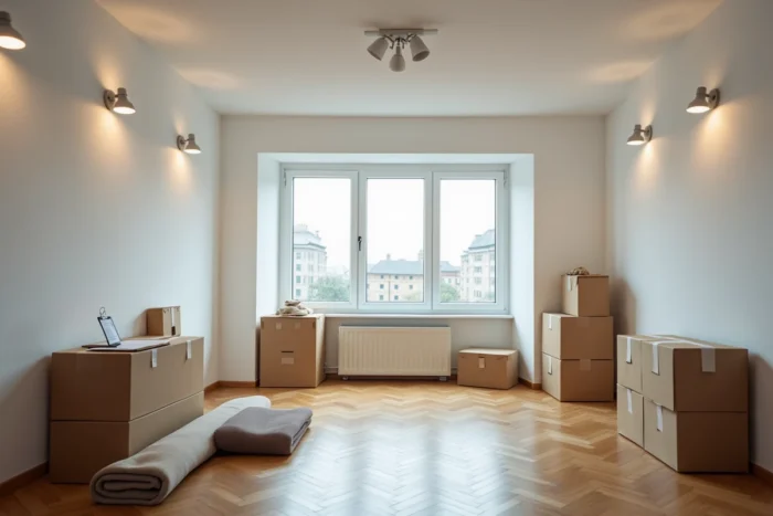 Appartement vide en fin de location avec ampoules manquantes sur les plafonniers lors d'un déménagement