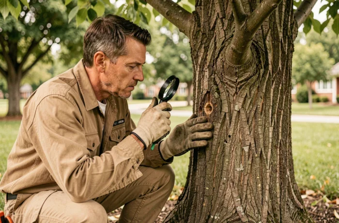 Arboriste inspectant un mûrier platane pour détecter les signes d'infestation par le xylotrechus stebbingi