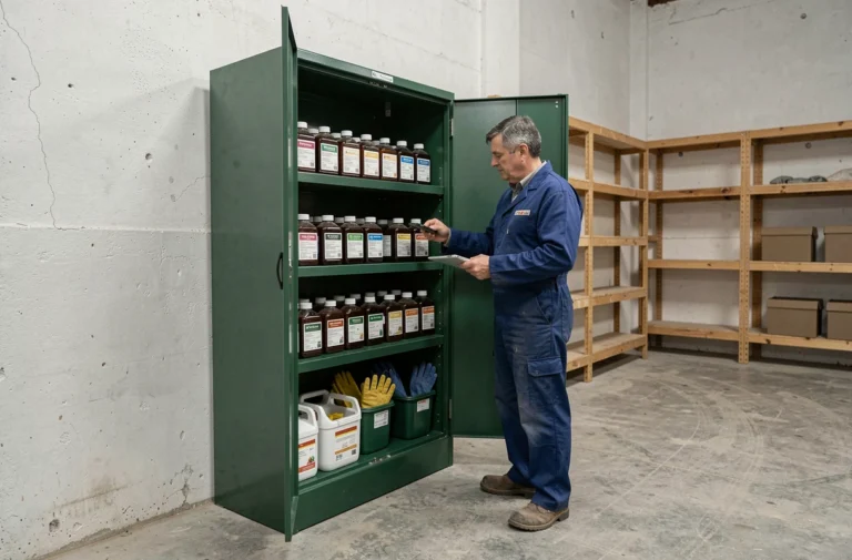 Armoire phytosanitaire verte ouverte dans un local de stockage agricole avec rangement de produits pesticides