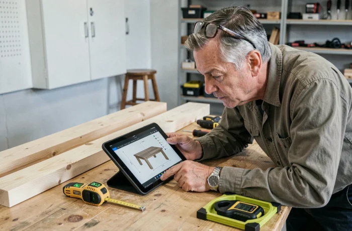 Artisan senior consultant un plan 3D sur tablette pour un projet de menuiserie dans un garage moderne