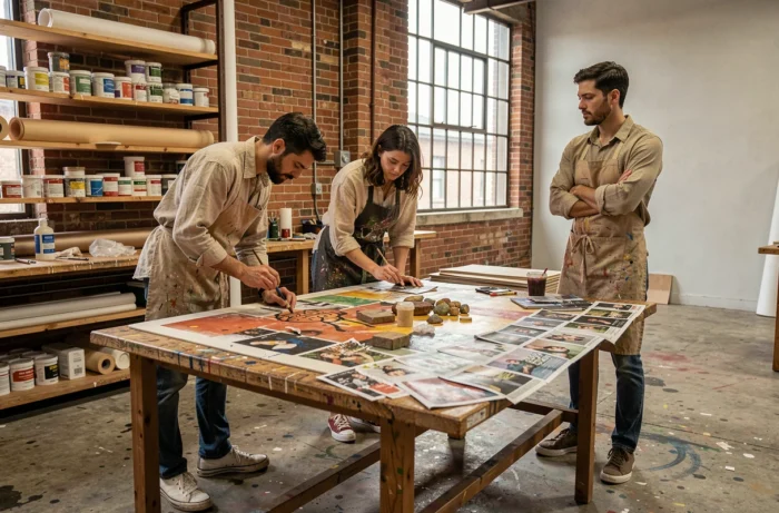 Groupe d'artistes contemporains collaborant sur une œuvre mixte dans un atelier industriel authentique