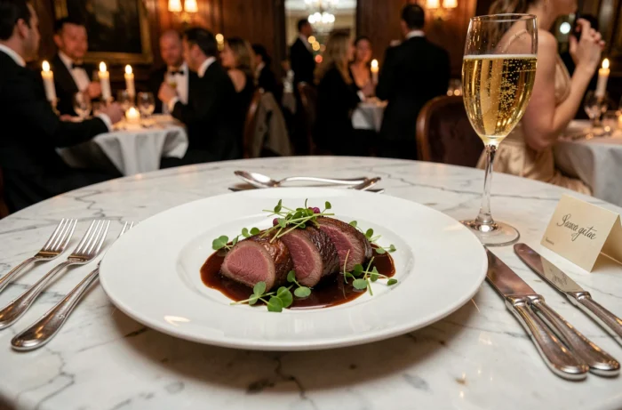 Assiette gastronomique française dressée avec soin dans un restaurant parisien pour une grande occasion festive