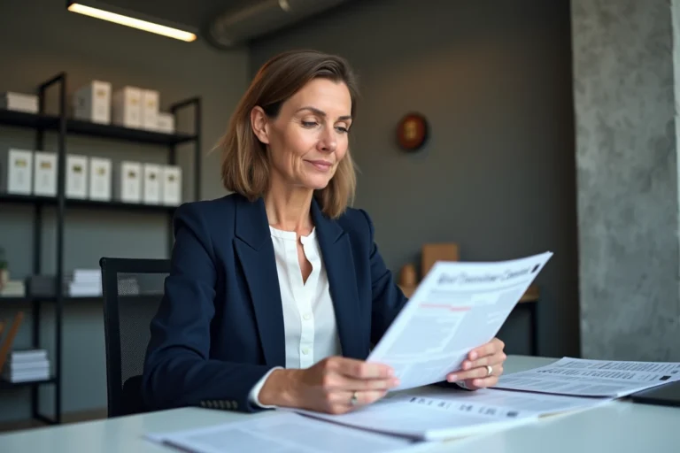 Attachée de presse professionnelle travaillant dans un bureau moderne de relations publiques, consultant des documents de presse