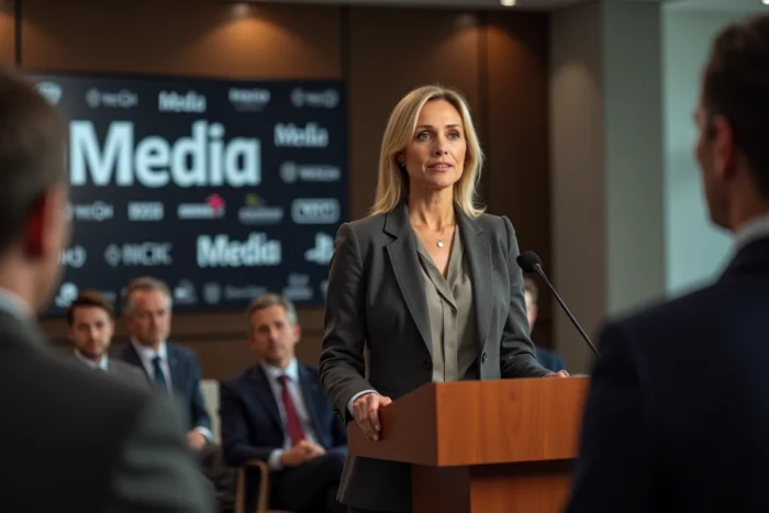 Femme attachée de presse prenant la parole lors d'un événement médiatique professionnel devant un fond presse brandé