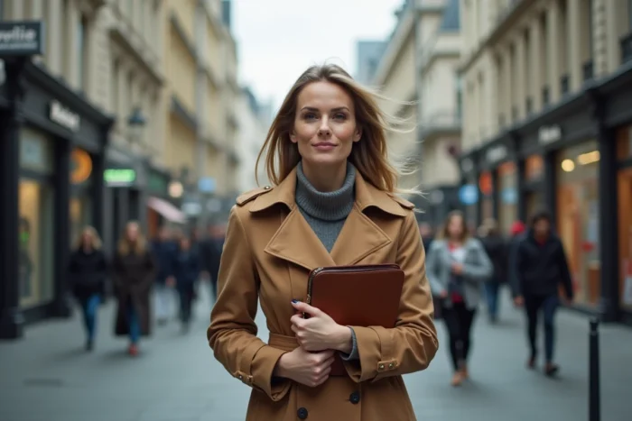 Professionnelle des relations publiques marchant dans une rue urbaine animée avec un portfolio en cuir, incarnant la dynamique du métier d'attachée de presse