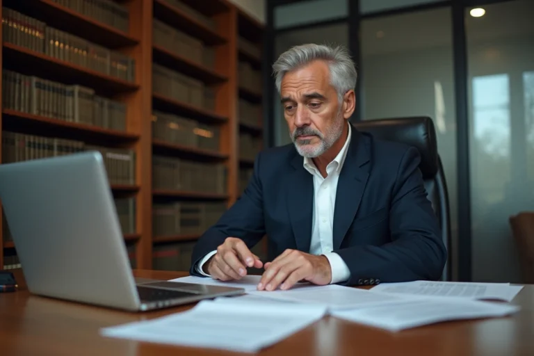 Avocat analysant des documents juridiques liés aux fuites de données sur des sites web