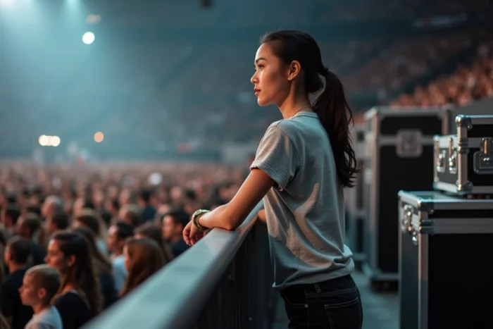 Jeune femme en fosse debout près de la barrière de scène à l'Accor Arena pendant un concert