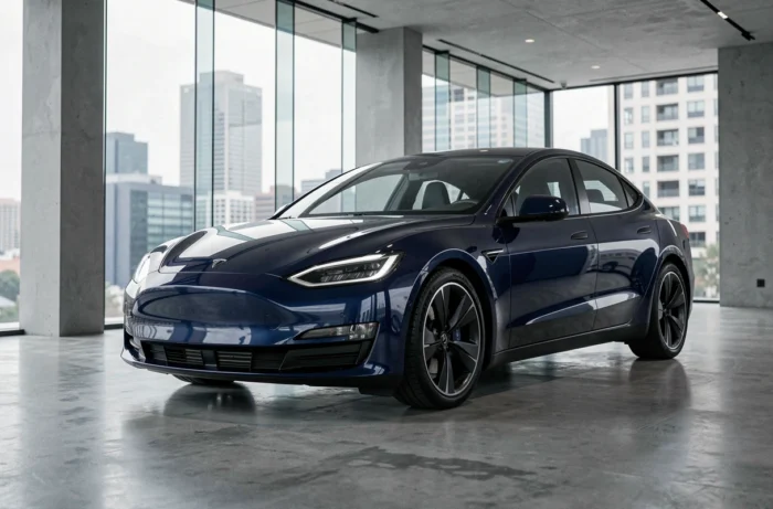 Berline électrique moderne aux lignes aérodynamiques exposée dans un showroom automobile contemporain avec des reflets sur le sol en béton poli