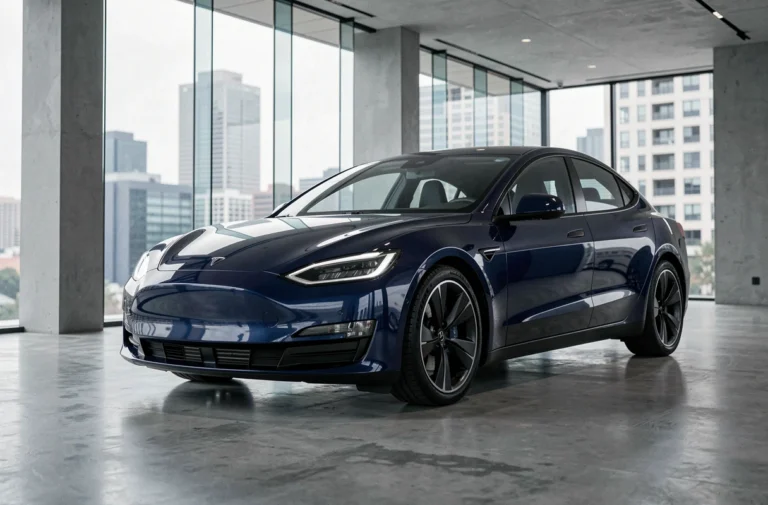 Berline électrique moderne aux lignes aérodynamiques exposée dans un showroom automobile contemporain avec des reflets sur le sol en béton poli