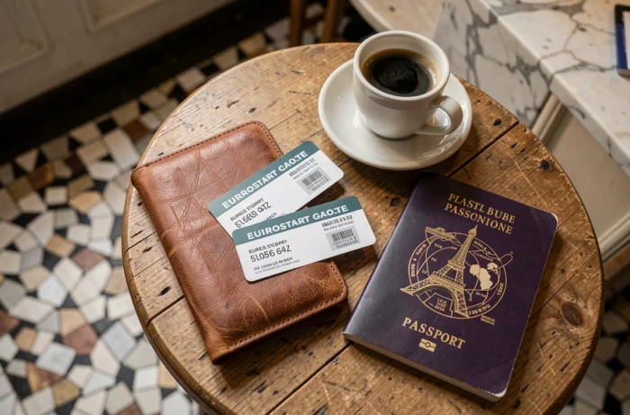 Billets Eurostar aller-retour Londres Paris posés sur un portefeuille de voyage dans un café parisien