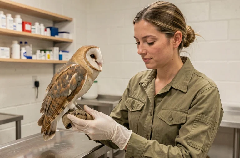 Biologiste examinant une chouette effraie dans un centre de réhabilitation animalière moderne