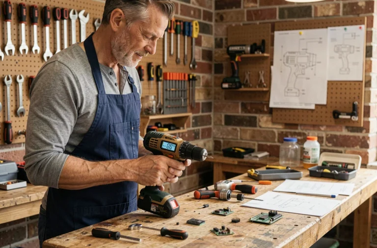 Homme bricoleur inspectant une perceuse connectée intelligente dans un atelier moderne bien équipé