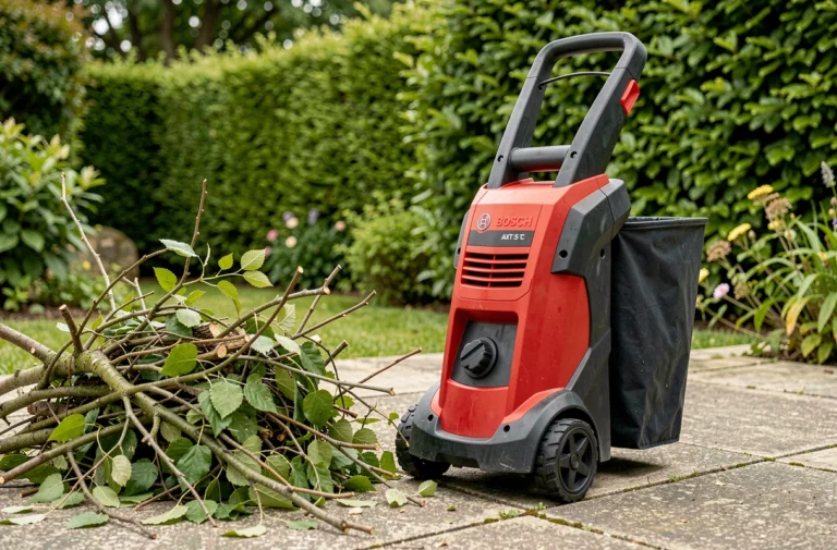 Broyeur de végétaux Bosch AXT 25 TC posé sur une terrasse en béton entouré de branches et feuilles à broyer dans un jardin