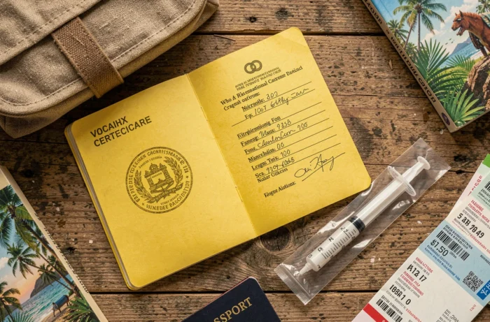 Vue de dessus du carnet jaune de vaccination internationale ouvert sur la page de vaccination fièvre jaune avec passeport français et matériel médical