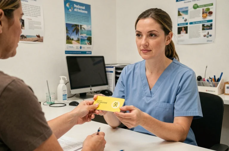 Infirmière en vaccination internationale remettant un carnet jaune de vaccination à un patient dans un cabinet de médecine des voyages