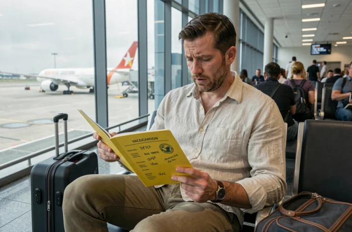 Voyageur consultant son carnet de vaccination jaune dans un aéroport international avant un départ pour une zone endémique fièvre jaune