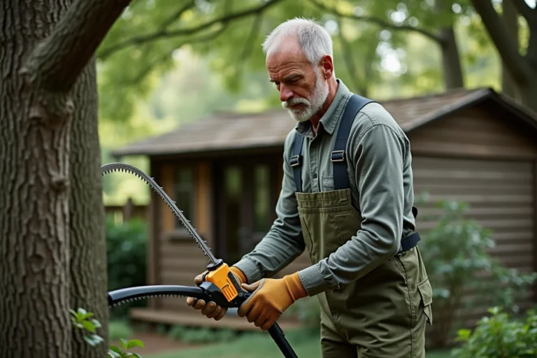 Homme inspectant une élagueuse à batterie dans un jardin arborisé, comparaison d'outils pour l'entretien des arbres