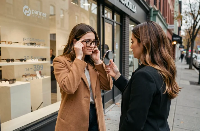 Cliente essayant des lunettes devant une boutique opticien partenaire Itelis dans une rue commerçante