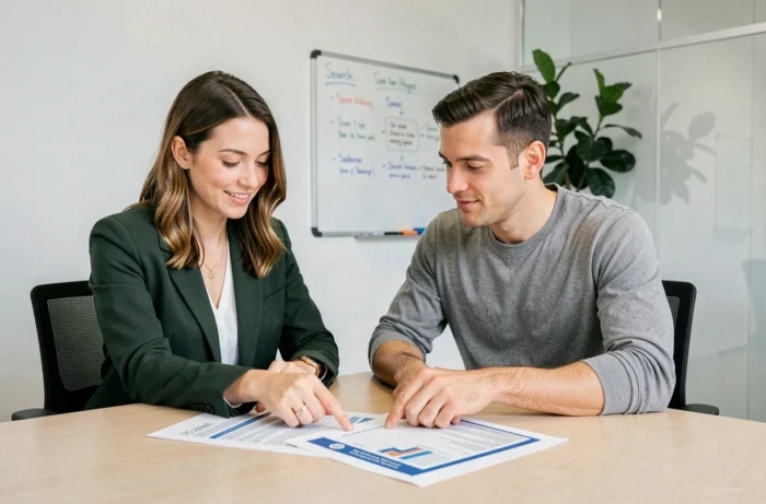Deux professionnels du marketing digital collaborant sur un audit SEO imprimé dans une salle de réunion d'agence, discutant des stratégies de référencement naturel