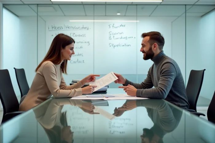 Deux collègues discutant des options de financement pour une formation professionnelle en salle de réunion