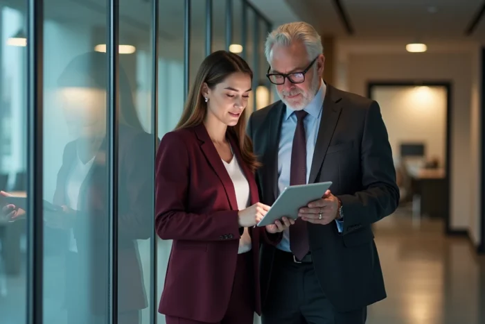 Deux collègues examinant ensemble un email professionnel sur une tablette dans un couloir d'entreprise, illustrant l'impact des formules de politesse et des vœux de bonne réception sur la communication en milieu professionnel