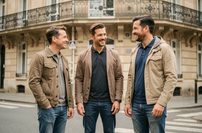 Trois hommes français de tailles différentes discutant dans une rue parisienne, illustration de la diversité de la taille masculine en France
