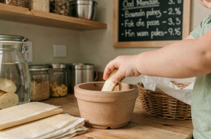 Mains d'enfant en crèche déposant un déchet organique dans un composteur en céramique sur un comptoir en bois
