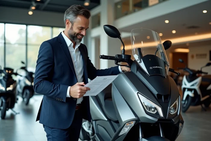 Concessionnaire motocycle présentant le tarif du Yamaha TMAX 750 dans un showroom moderne, contexte d'évolution des prix 2026
