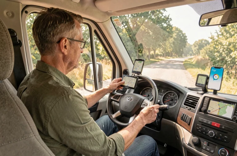 Conducteur de camping-car consultant un GPS et Waze sur smartphone pour optimiser son trajet sur route de campagne
