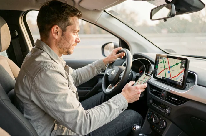 Conducteur consultant l'itinéraire Michelin sur son smartphone monté dans une voiture moderne pour optimiser son trajet routier