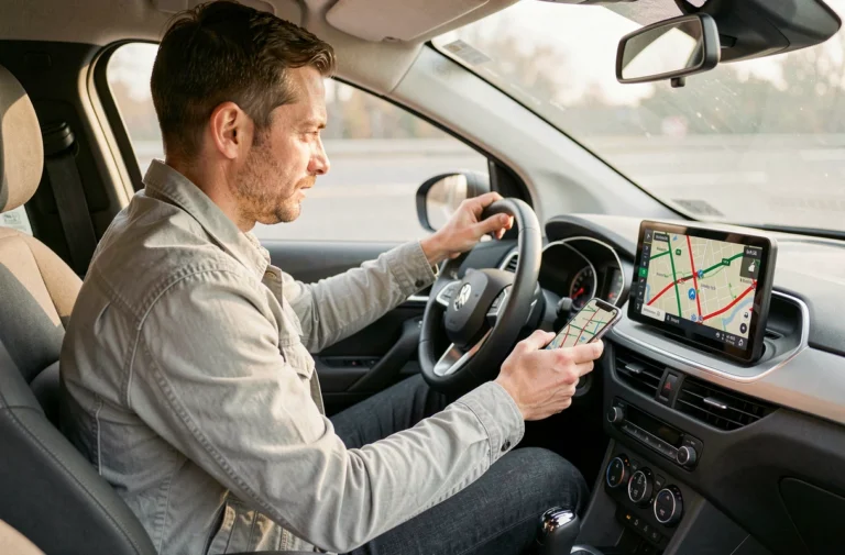 Conducteur consultant l'itinéraire Michelin sur son smartphone monté dans une voiture moderne pour optimiser son trajet routier