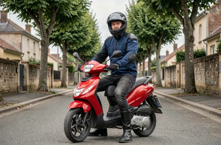Homme équipé en veste moto et casque intégral sur un scooter 125 cc dans une rue française